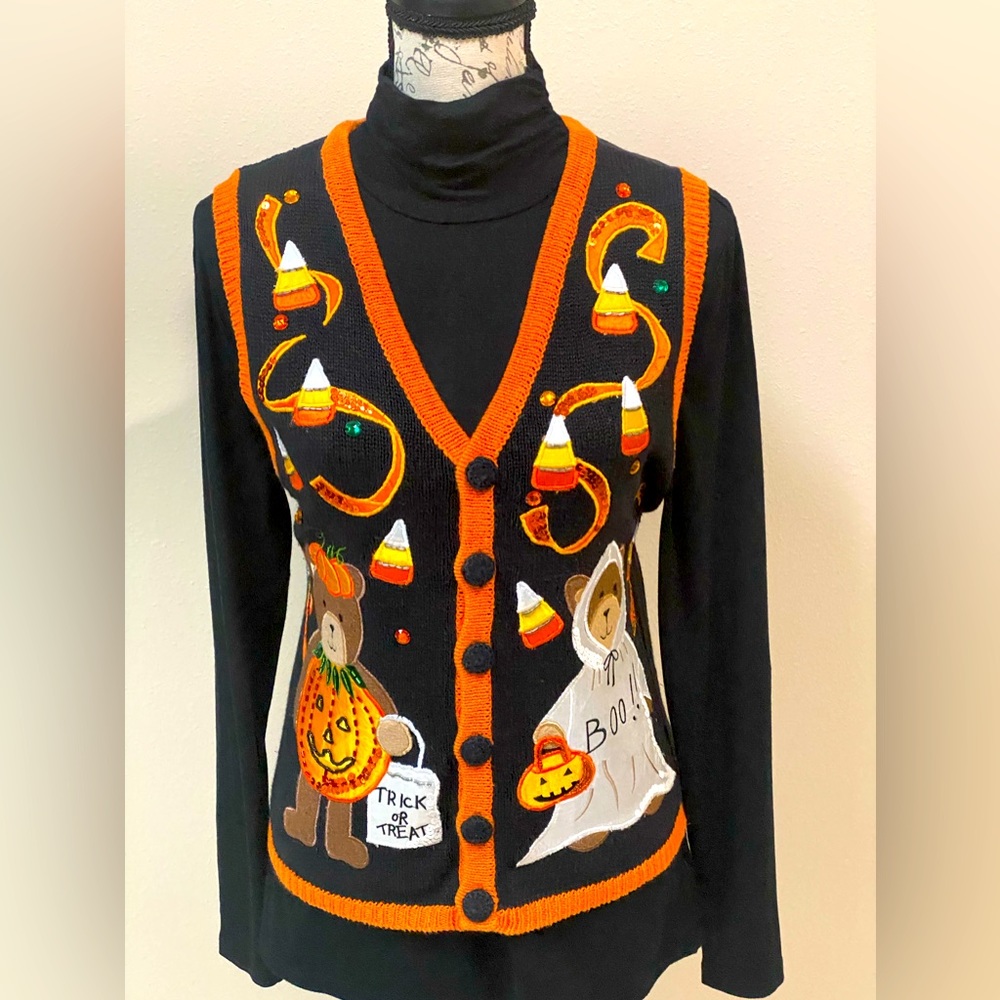 Basic Edition Halloween Cardigan Sweater Vest with CandyCorns, Pumpkin and Ghost